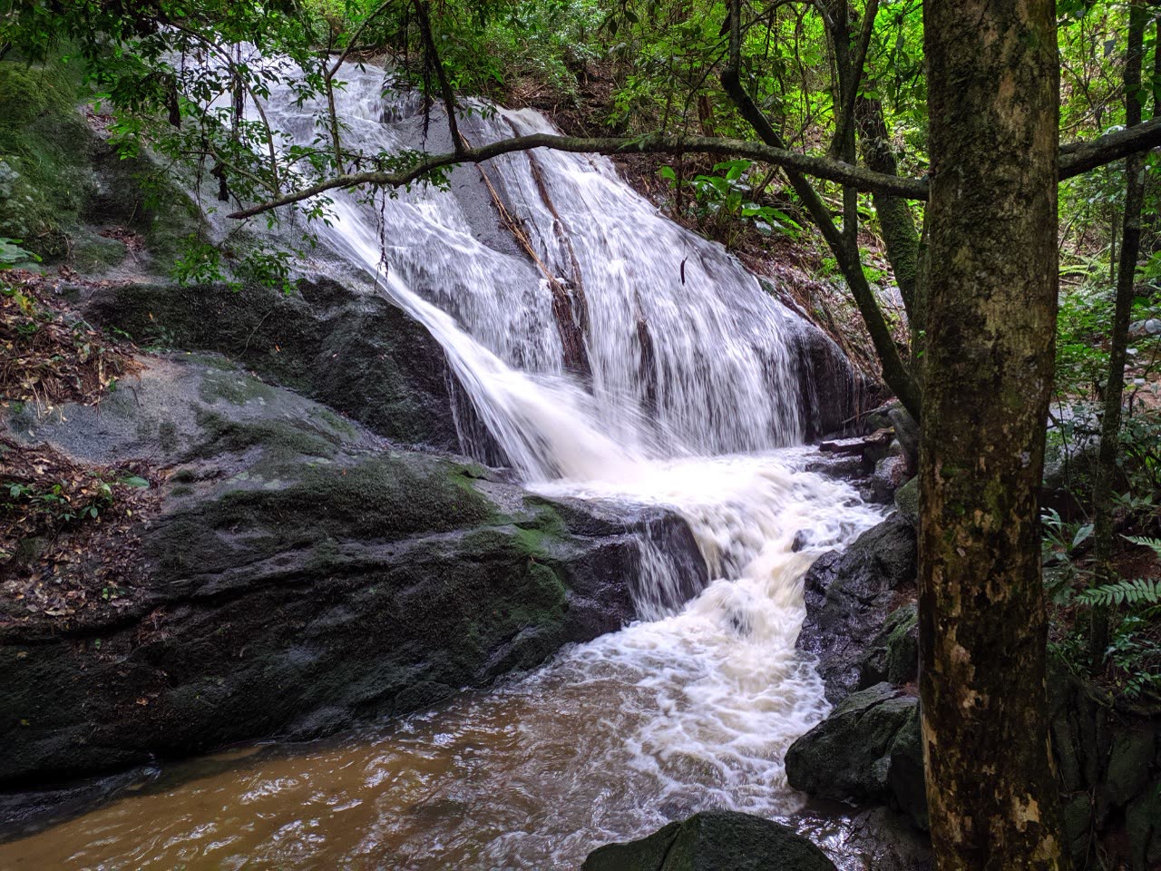 Cachoeira do Engordador caindo sobre rochas, cercada de Mata Atlântica